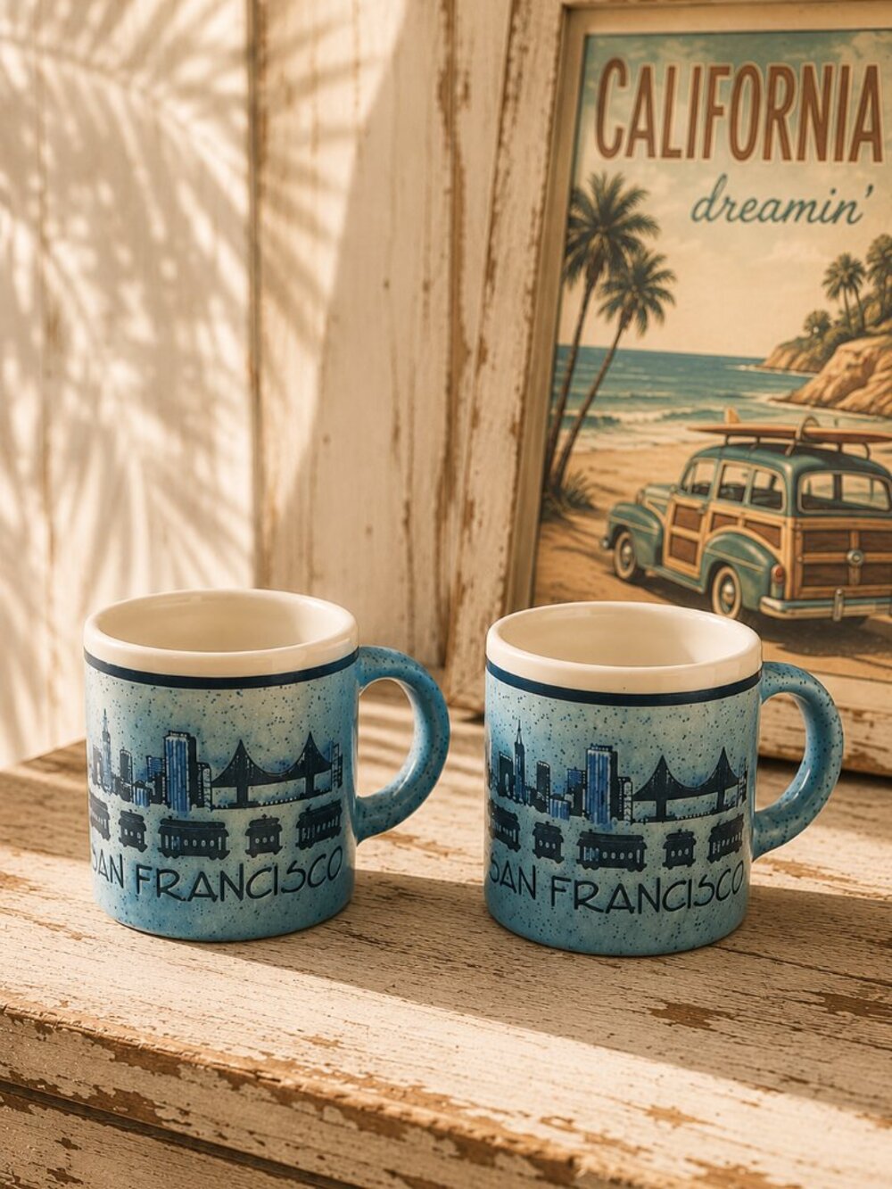 Set of 2 Vintage Mico San Francisco California Blue Souvenir Mugs